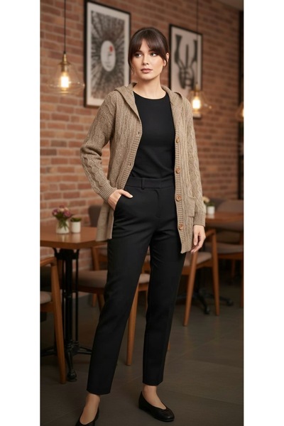 rushana Kadın kapüşonlu uzun saç örgü cepli düğmeli triko hırka