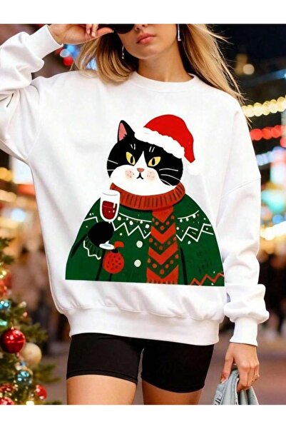 OVER HEAD سويت شيرت نسائي أبيض مطبوع عليه قطة عيد الميلاد برقبة دائرية