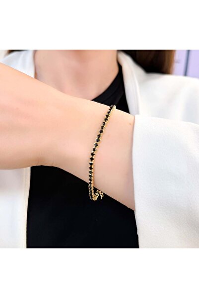 Bijuteria SORELLY Brățară tenis din argint placat cu aur de 18k cu pietre negre