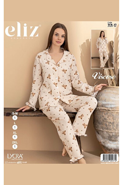 eliz طقم بيجامة نسائية من قماش الفيسكوز بأزرار على شكل ياقة قميص بنمط دمية الدب