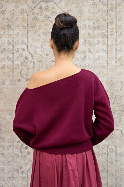 KÜÇÜĞÜM BUTİK Burgundy Boat Neck Oversize Knit Sweater