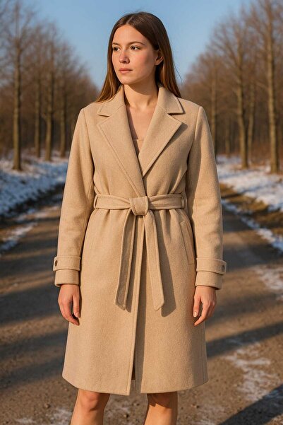KMKkombin Women's Double-Breasted Collar Medium-Length Belted Cashemere Coat