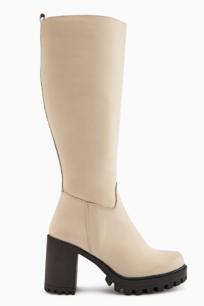 Limoya Ella Hakiki Deri Bej Platform Topuklu Kadın Çizme