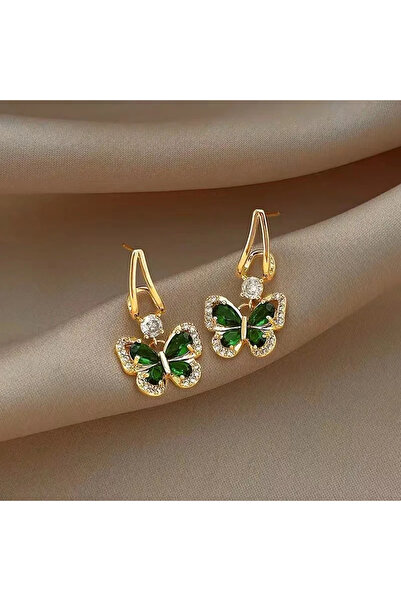 GlaMLo Accessories Cercei aurii fluture cu cristale verzi