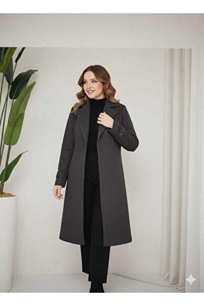 KMKkombin Women's Double-Breasted Collar Medium-Length Belted Cashemere Coat