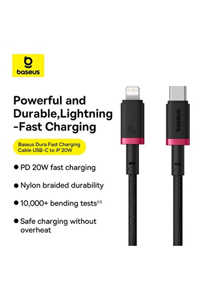 Baseus بيسوس - كيبل شحن سريع Dura تايب سي الى لايتينق بقوة 20 واط 2 متر - أسود في احمر
