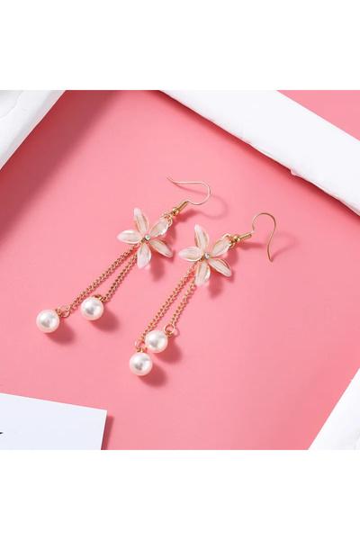 GlaMLo Accessories Cercei lungi aurii cu flori și perle