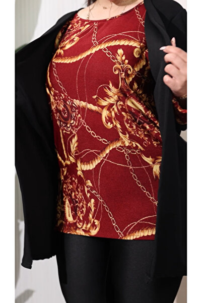 HÜLYA BUTİK Women's Plus Size Burgundy Inner Black Jacket Suit