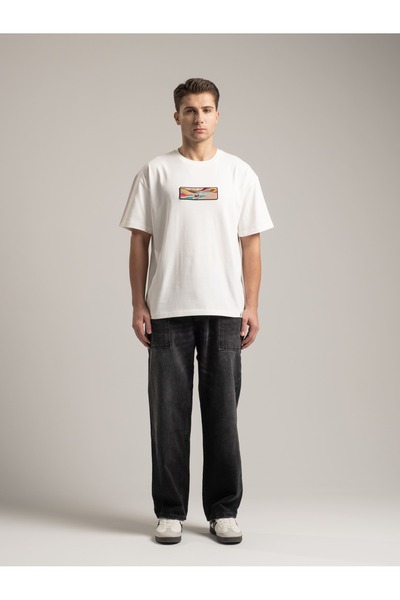 Current Erkek Oversize Fit %100 Pamuk Kalın Dokulu Bisiklet Yakalı Nakışlı Kırık Beyaz T-shirt