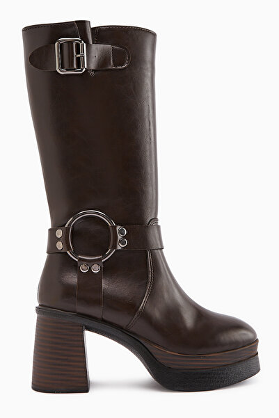 Limoya Beris Brown Buckle Detailed Platform Heeled Women's Boots