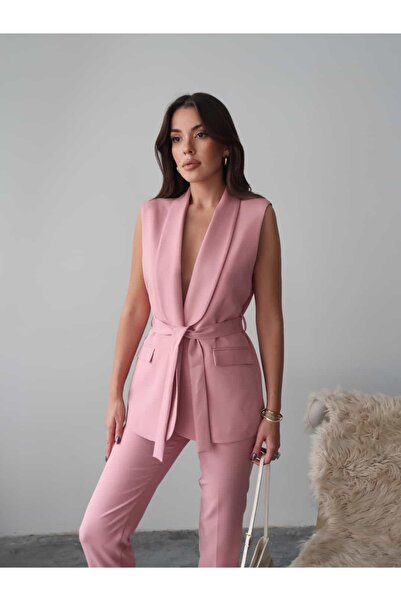 Swass Violet Kuşaklı Yelek Ve Yüksek Bel Pudra Pantolon Takım