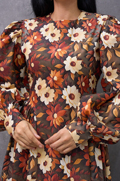 KÜÇÜĞÜM BUTİK Γυναικείο φόρεμα με πλισέ καφέ σατέν μακρύ φορέματα