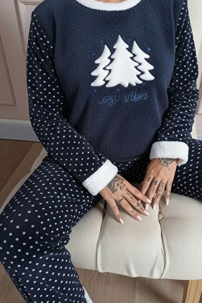 Pijamaevi Navy Blue Pine Tree Patterned Women's Plush Pajama Set