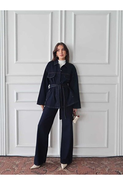 Swass Navy Blue Belted Wide Leg Denim Suit