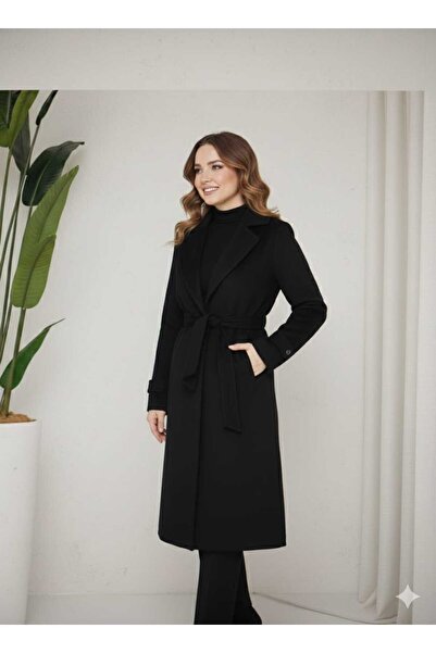 KMKkombin Women's Double-Breasted Collar Medium-Length Belted Cashemere Coat