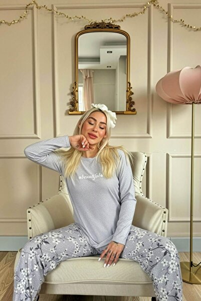 Pijamaevi Gray Beautiful Patterned Long Sleeve Bamboo Knitted Women's Pajama Set