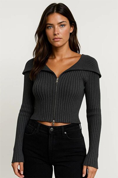 WeShaya Pulover tricotat cu mânecă lungă, cu fermoar dublu, cu guler Madonna, antracit