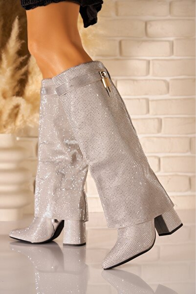 Joana Cizme Amila argintii din piele întoarsă artificială cu căptușeală de blană