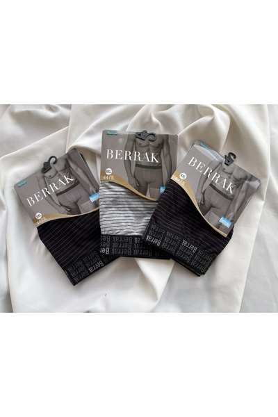 Berrak 4475 Pamuklu Çizgili Siyah-Gri-Siyah Erkek Boxer 3'lü Paket
