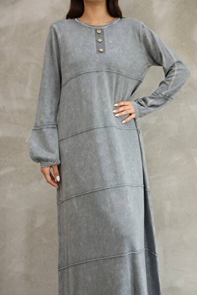 AYASOFYA OTANTIK Women's Gray Button Detailed Round Neck Long Sleeve Vintage Detailed Loose Cotton Knit Long Dress