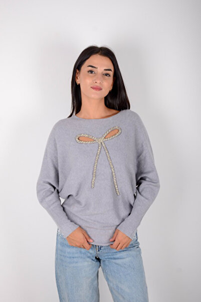 Marjinal Kadın fiyonk detaylı taşlı pamuklu triko kazak