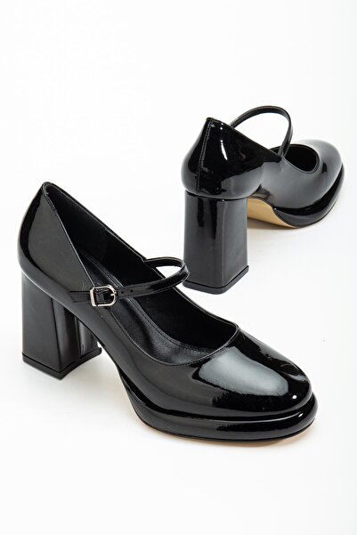 Dilimler Ayakkabı Women's Thick Platform Heeled Shoes Black Patent Leather with Hard Hat