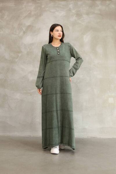 AYASOFYA OTANTIK Women's Khaki Button Detailed Round Neck Long Sleeve Vintage Detailed Loose Cotton Knit Long Dress