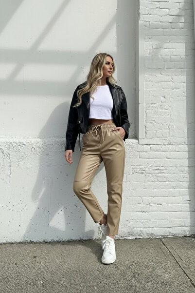 Qaju Women's Stone High Waist Lace up Jogger Leather Pants