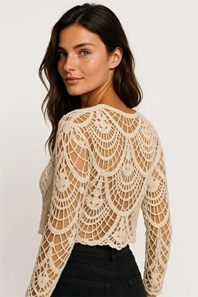 WeShaya Ekru Uzun Kollu Örme Dantel Triko Bluz