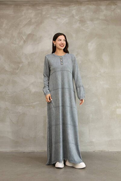 AYASOFYA OTANTIK Women's Gray Button Detailed Round Neck Long Sleeve Vintage Detailed Loose Cotton Knit Long Dress