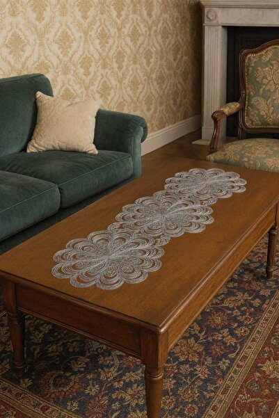 Nevvera Home Açık Gri Modern Çiçek Desenli Runner – Sehpa ve Masa Üstü Dekora...