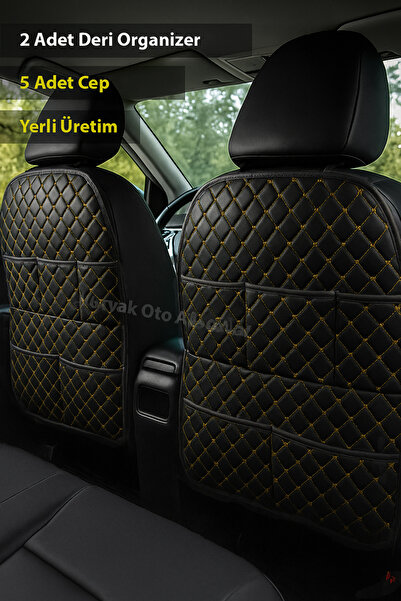 Nuryak Oto Aksesuar 2 Pieces Leather Organizer with Yellow Stitching on the Back of the Seat, Compatible with All Vehicles