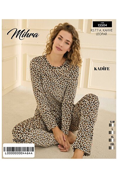 Mihra leopar desenli kadife uzun kollu pijama takımı