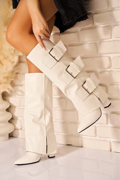 Joana Λευκές Δερμάτινες Μπότες με Τακούνι Haidyn