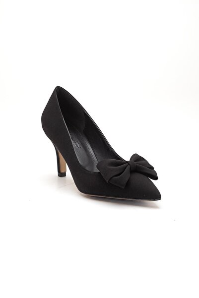 Dilimler Ayakkabı Plus Size Women's Stiletto Thin Heel Shoes Black Satin Bowknot