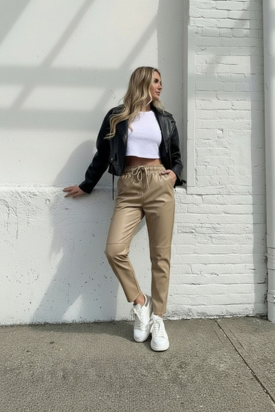 Qaju Women's Stone High Waist Lace up Jogger Leather Pants