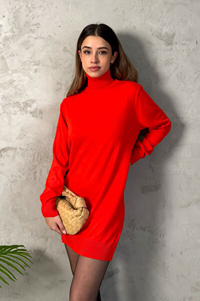 ModaPlaza Kadın Ponpon Desenli Balıkçı Yaka Triko Tunik 5211