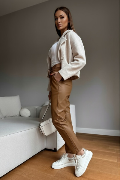 Qaju Women's Brown (Camel) High Waist Lace-Up Jogger Leather Pants