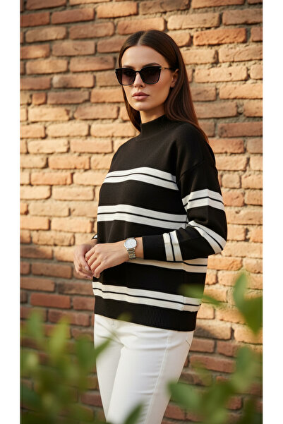 trendlina Pulover tricotat cu gât înalt în dungi