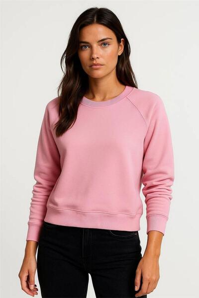 WeShaya Pink Raglan Sleeve Ribbed Detail Crew Neck Three Thread Crop Sweatshirt