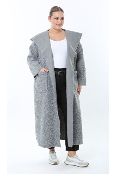 Butik Nilyam Women's Plus Size Long Hooded Turn-Down Collar Distressed Cashmere Coat 25056