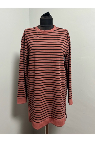 MSA Giyim Women's Ribbed Slit Detailed Long Sleeve Striped Casual Stretchy Tu...