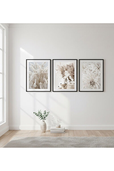 Linacci 3lü Siyah Metal Çerçeve Soft Krem Gerçek Cam Tablo Seti