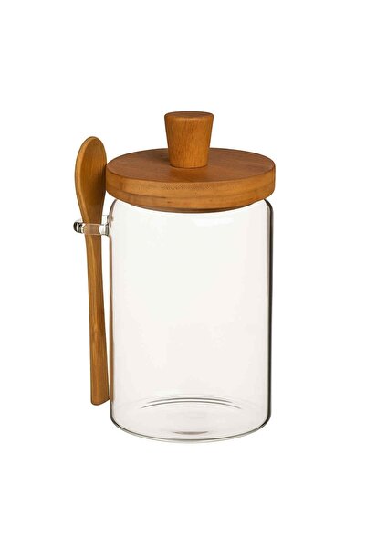 PUFO Borosilicate glass container for storing spices, sugar, coffee, with wooden lid and spoon, 750 ml