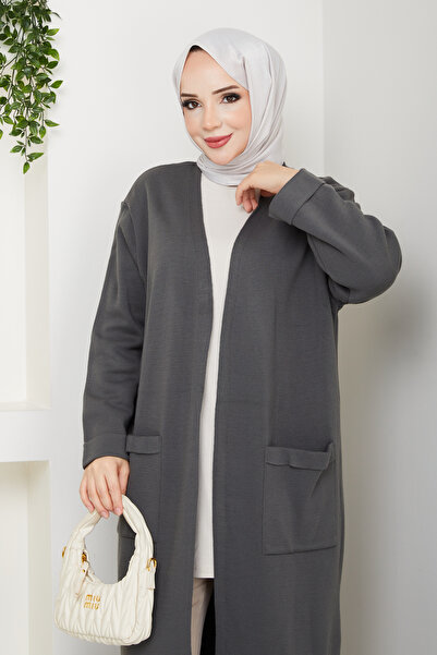 Pamuk Butik Γυναικεία μακριά πλεκτή ζακέτα από ατσάλι με τσέπες