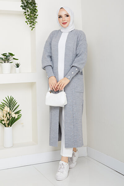 Pamuk Butik Women's Sleeve Buttoned Shawl Collar Steel Knitted Sweater Cardigan