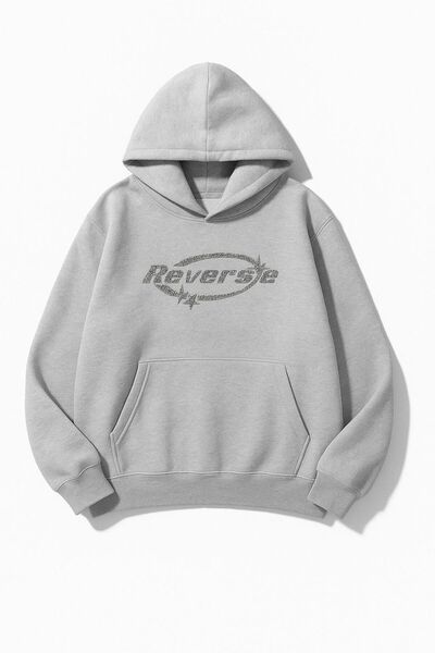 Wish BF Kapşonlu Sweatshirt Oversize Reverse Taş Baskılı 3 Iplik Şardonlu %10...