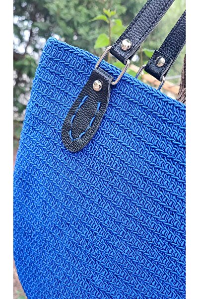 BaharEli Handcrafted Knitted Bag / Crocheted with Blue Macrame Cord / Lined, with Inner and Outer Pockets (38X29)