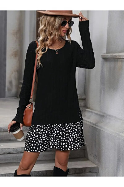 AKNButik Women's long sleeve crew neck ribbed knit blouse and single-layer skirt dress set