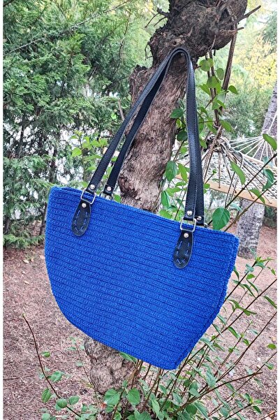 BaharEli Handcrafted Knitted Bag / Crocheted with Blue Macrame Cord / Lined, with Inner and Outer Pockets (38X29)